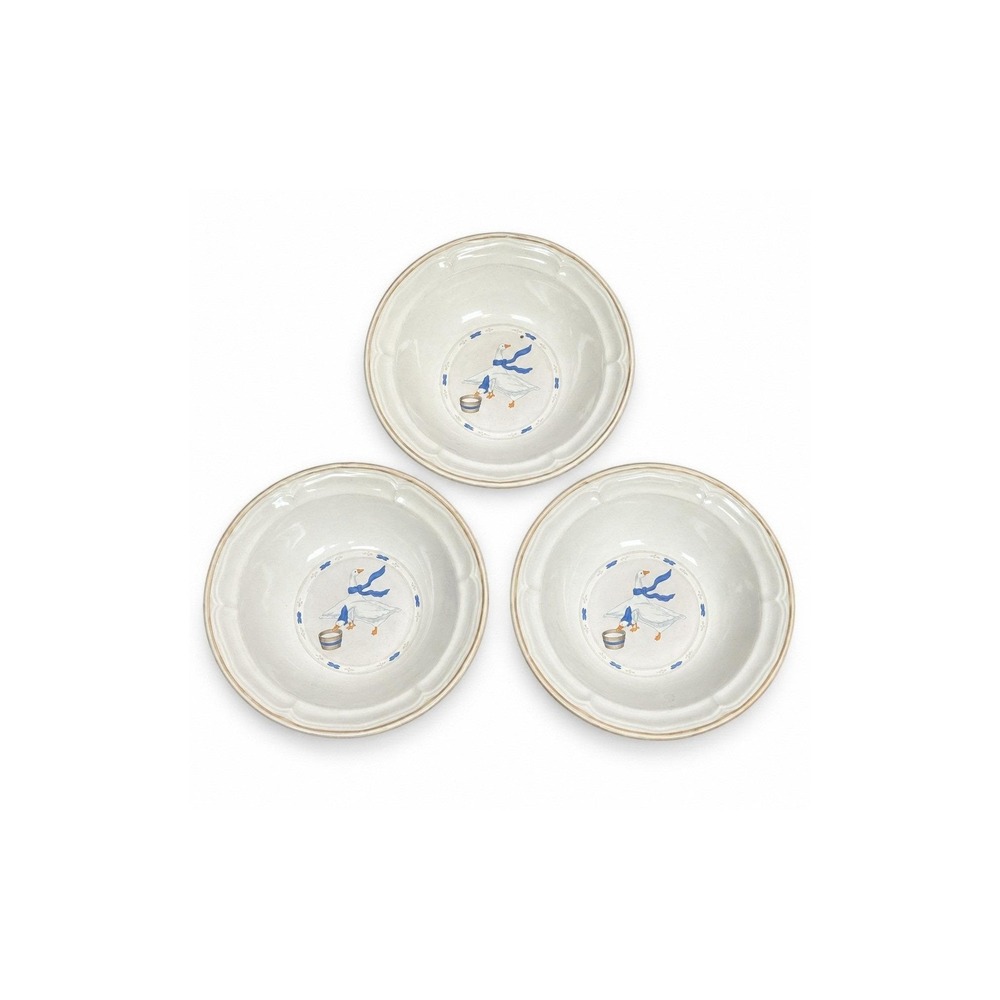 VTG Newcor Countryside Goose Cereal Soup Bowls Set of 3 7" Stoneware Blue White